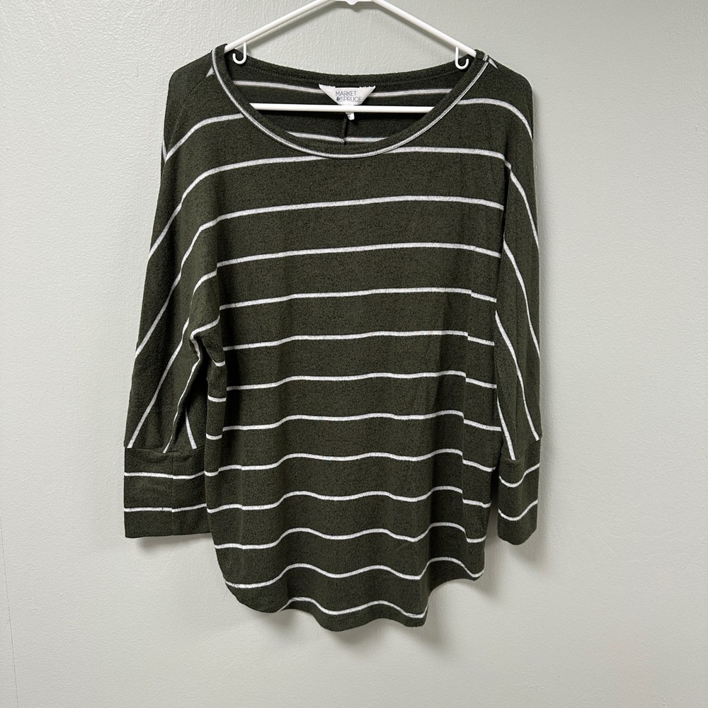 Market & Spruce‎ Olive Green White Striped Dolman Sleeve Knit Top Womens Medium